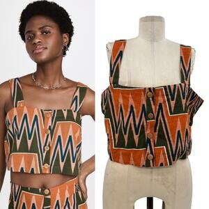 Veronica Beard Tiffany Top Cropped Orange Multicolor Geometric Print‎ Size XL